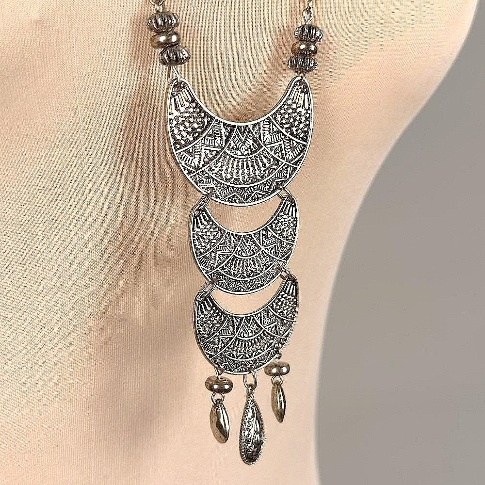 Boho Layered Crescent Moon Pendant Necklace Bronze Tone‎ Tassel Adjustable